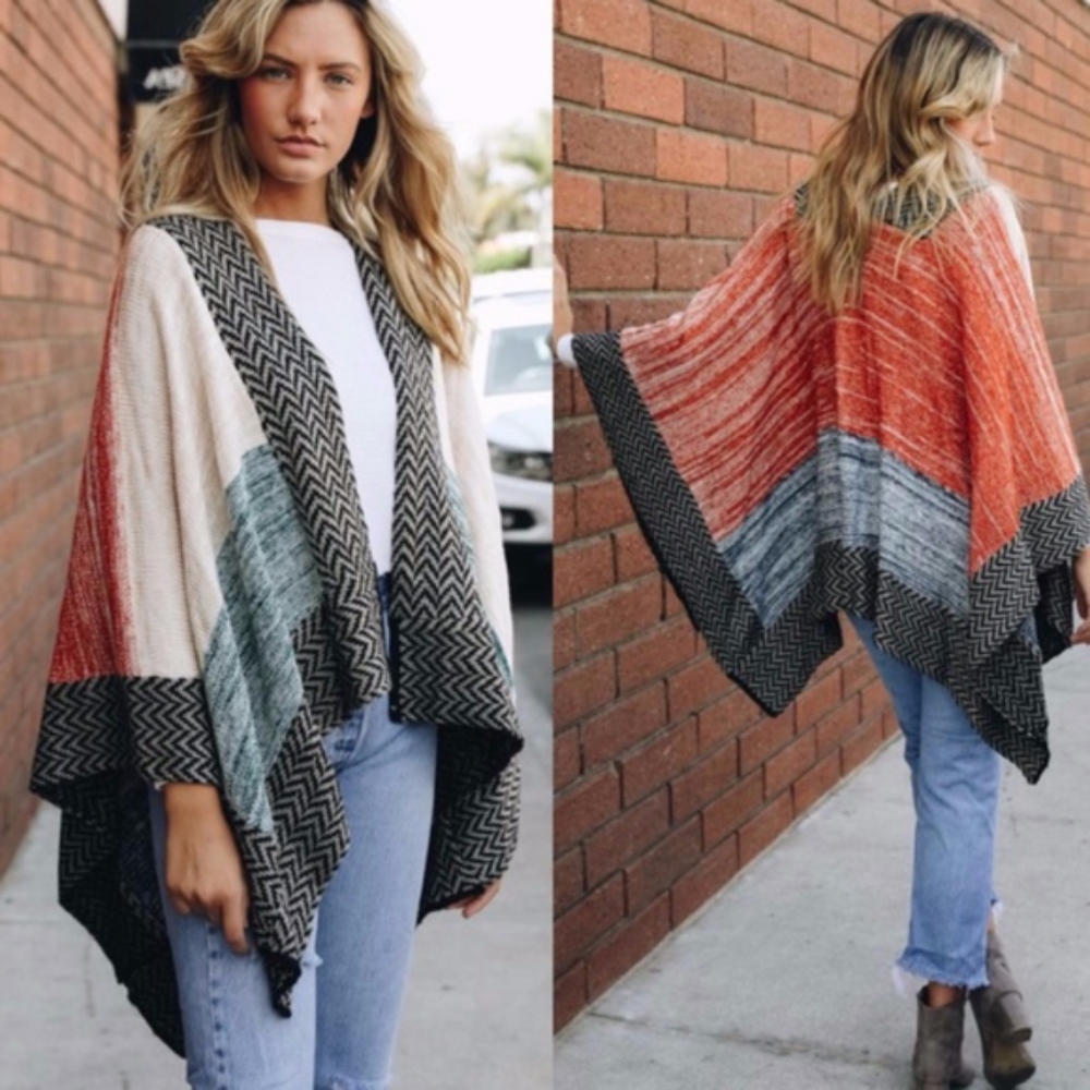 012 Cozy Color Block Shawl Wrap Poncho